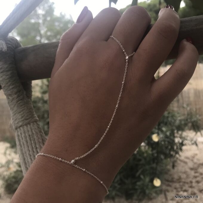 N7539h Chainette Bracelet Bague main doigt Argent minimaliste - Bijoux Bracelets en ligne Ninanina