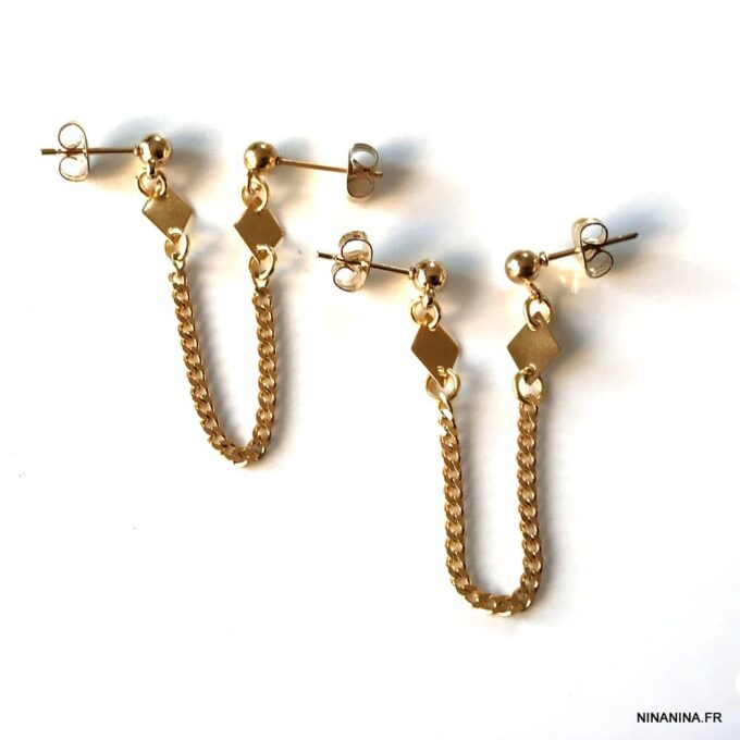 N7553b Chaines d'oreilles 2 trous Acier inoxydable doré - Bijoux Boucles d'oreille en ligne Ninanina