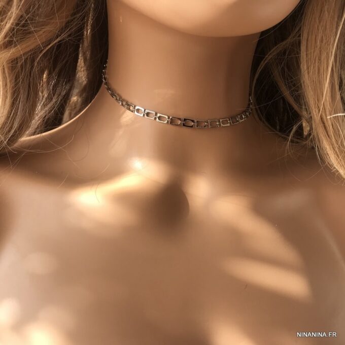 N7590e Ras de cou collier femme chaine maille rectangle - Bijoux Colliers en ligne Ninanina