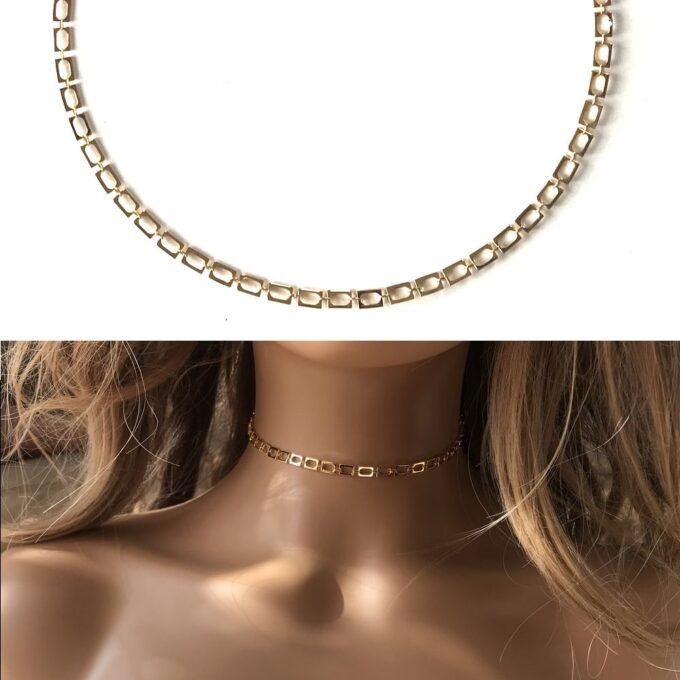 N7591 Ras de cou or plaqué femme chaine maille rectangle - Bijoux Colliers en ligne Ninanina