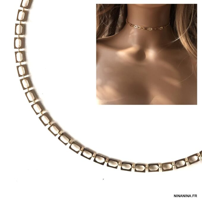 N7591b Ras de cou or plaqué femme chaine maille rectangle - Bijoux Colliers en ligne Ninanina