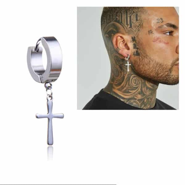 Vente Boucles D'oreilles Noires En Acier Pour Homme à Croix Latine Et Chaine Suspendues