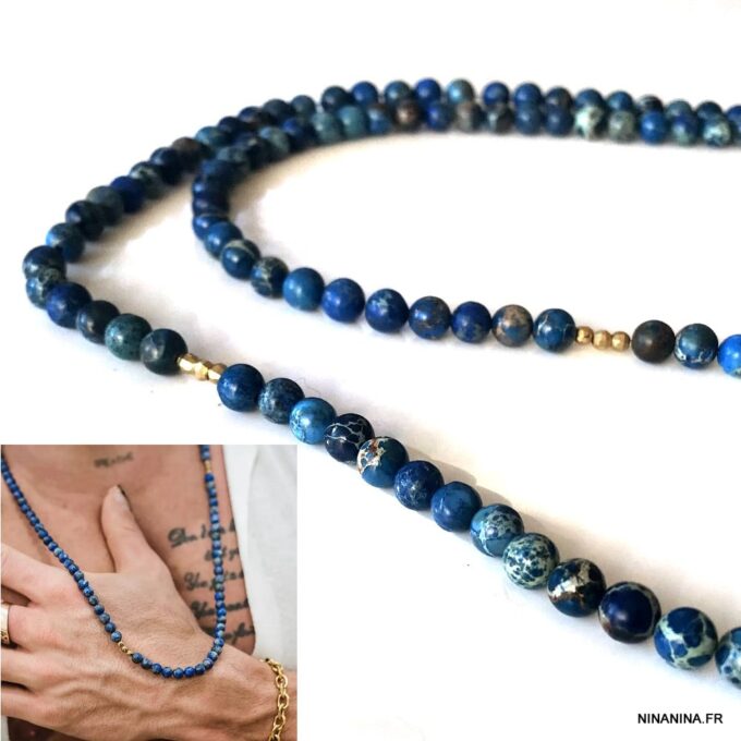 N7593a Collier pierre bleu marine naturelle jaspe homme - Bijoux Colliers en ligne Ninanina