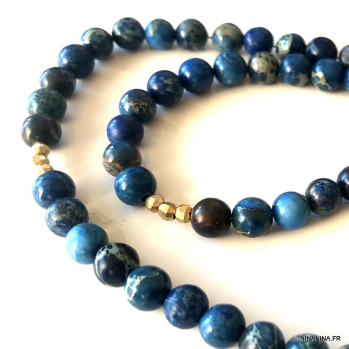 N7593b Collier pierre bleu marine naturelle jaspe homme - Bijoux Colliers en ligne Ninanina