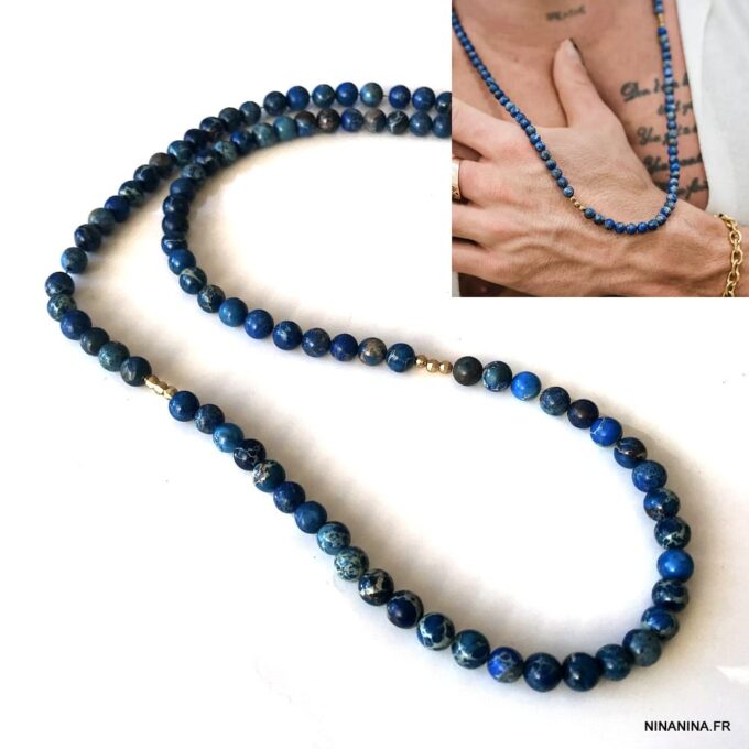 N7593c Collier pierre bleu marine naturelle jaspe homme - Bijoux Colliers en ligne Ninanina