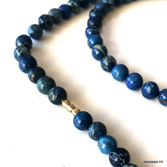 N7593d Collier pierre bleu marine naturelle jaspe homme - Bijoux Colliers en ligne Ninanina