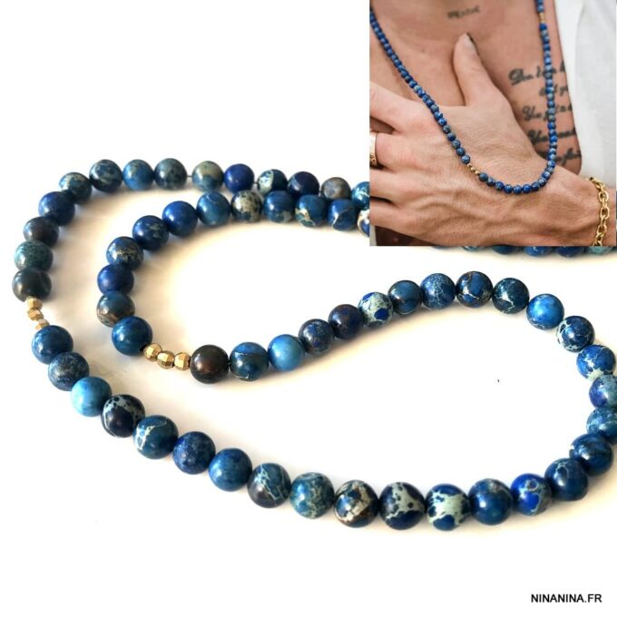 N7593e Collier pierre bleu marine naturelle jaspe homme - Bijoux Colliers en ligne Ninanina