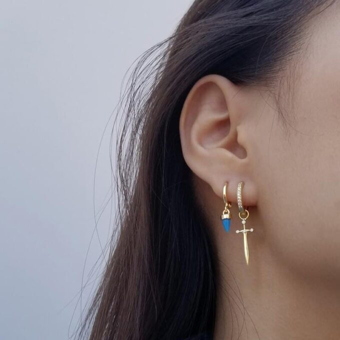 N7619c Boucle d'Oreille epee Argent plaqué or creole - Bijoux Boucles d'oreilles en ligne Ninanina