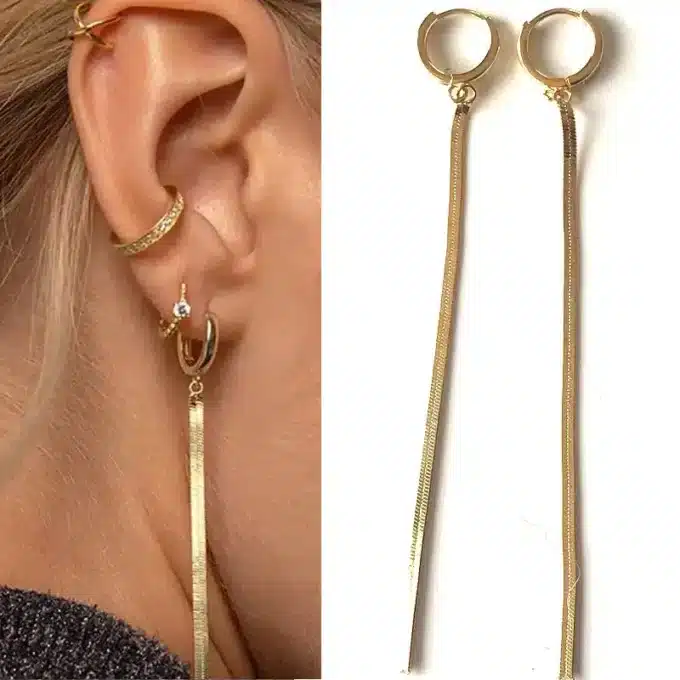 N7625A Créoles pendantes longues chainettes Acier doré - Bijoux Boucles d'oreilles en ligne Ninanina