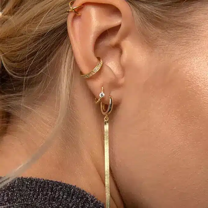 N7625B Créoles pendantes longues chainettes Acier doré - Bijoux Boucles d'oreilles en ligne Ninanina