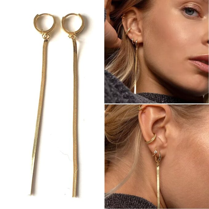 N7625C Créoles pendantes longues chainettes Acier doré - Bijoux Boucles d'oreilles en ligne Ninanina