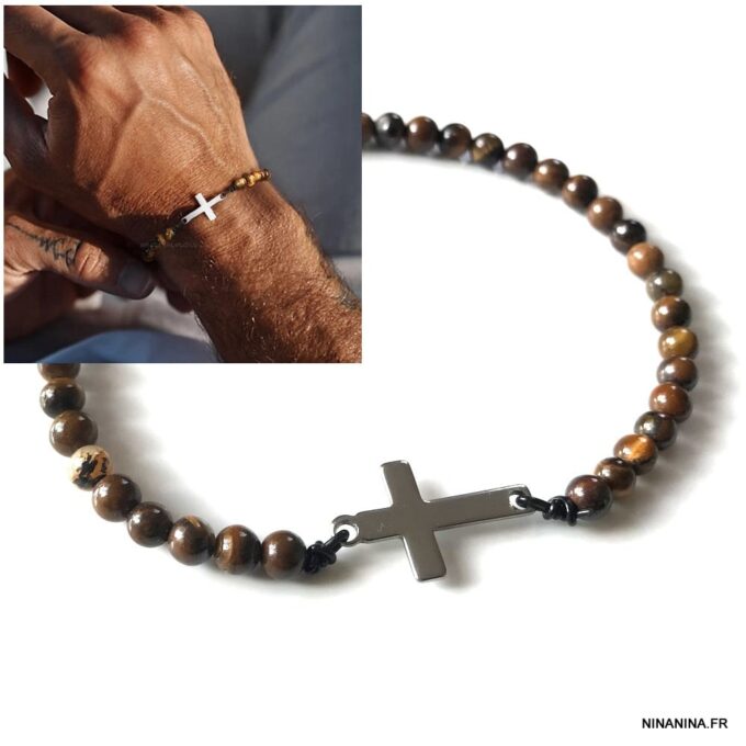 N7629a Bracelet croix pierre oeil de tigre jaune 4 mm et acier inoxydable argenté - Bijoux Bracelets en ligne Ninanina