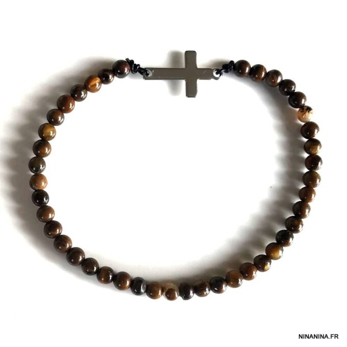N7629c Bracelet croix pierre oeil de tigre jaune 4 mm et acier inoxydable argenté - Bijoux Bracelets en ligne Ninanina