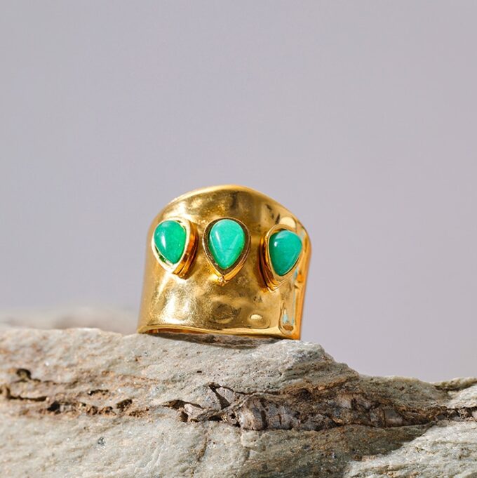 N7631e Bague manchette femme réglable Acier doré pierre verte - Bijoux Bagues en ligne Ninanina