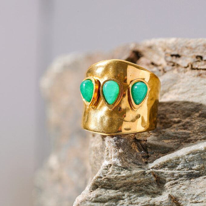 N7631g Bague manchette femme réglable Acier doré pierre verte - Bijoux Bagues en ligne Ninanina