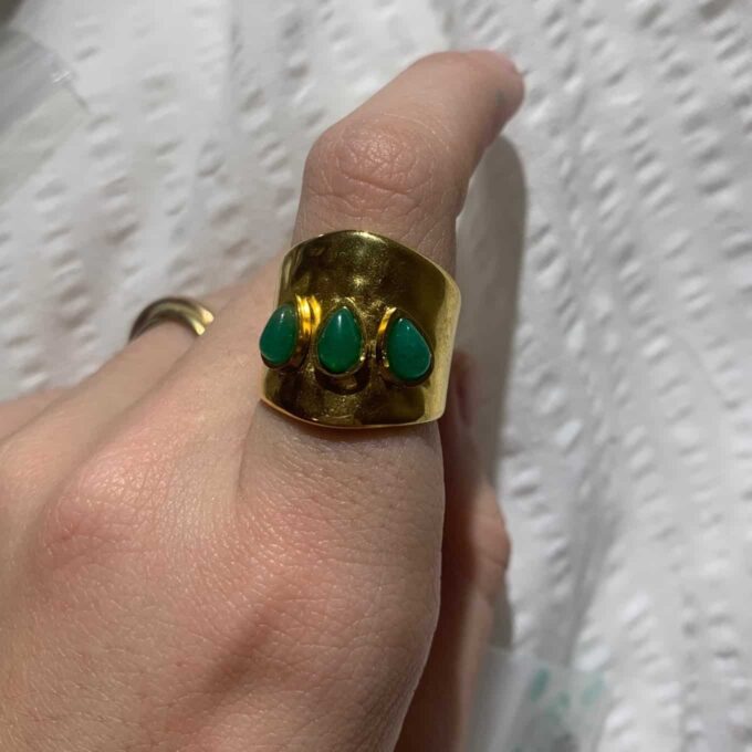 N7631l Bague manchette femme réglable Acier doré pierre verte - Bijoux Bagues en ligne Ninanina