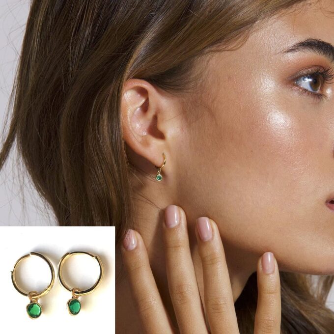 N7640b Creoles vertes 10 mm Argent Plaqué Or et Emeraude pierre de naissance mai - Bijoux Boucles d'oreilles en ligne Ninanina