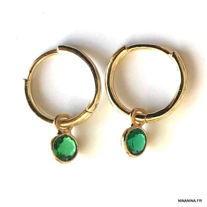 N7640d Creoles vertes 10 mm Argent Plaqué Or et Emeraude pierre de naissance mai - Bijoux Boucles d'oreilles en ligne Ninanina
