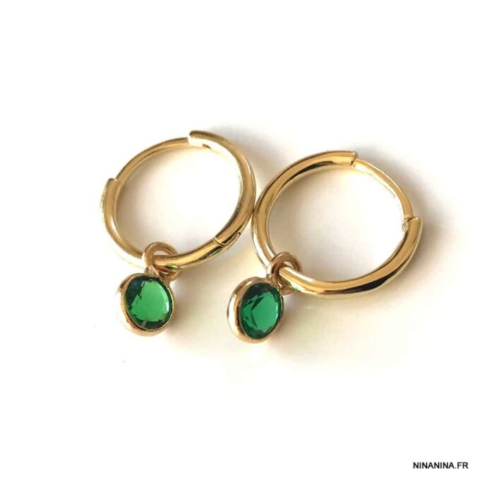 N7640e Creoles vertes 10 mm Argent Plaqué Or et Emeraude pierre de naissance mai - Bijoux Boucles d'oreilles en ligne Ninanina