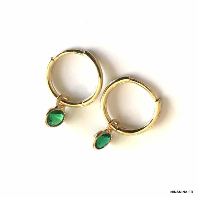 N7640f Creoles vertes 10 mm Argent Plaqué Or et Emeraude pierre de naissance mai - Bijoux Boucles d'oreilles en ligne Ninanina