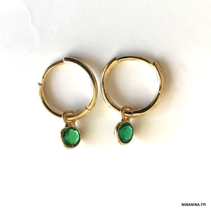 N7640g Creoles vertes 10 mm Argent Plaqué Or et Emeraude pierre de naissance mai - Bijoux Boucles d'oreilles en ligne Ninanina
