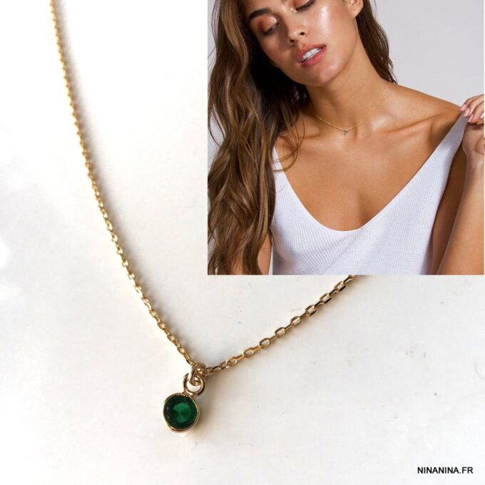 N7641c Collier Pierre de Naissance Mai Emeraude Plaqué Or - Bijoux Colliers en ligne Ninanina