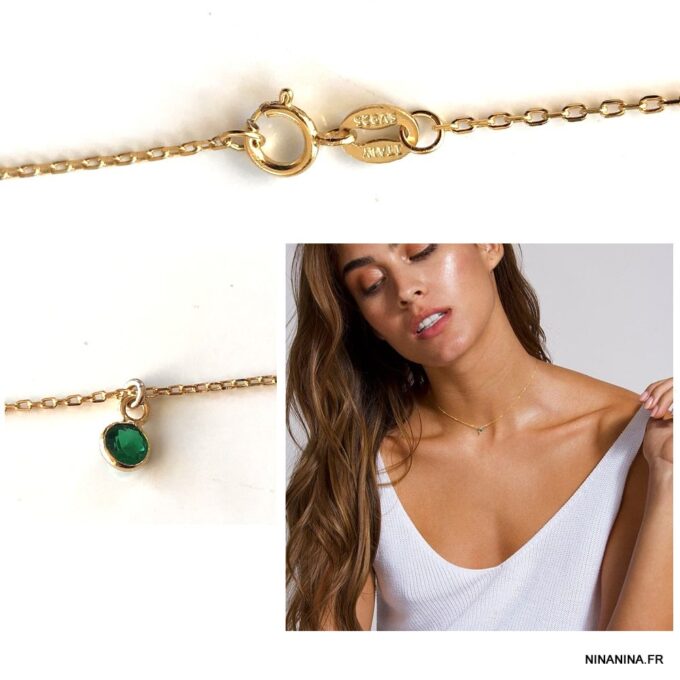 N7641d Collier Pierre de Naissance Mai Emeraude Plaqué Or - Bijoux Colliers en ligne Ninanina