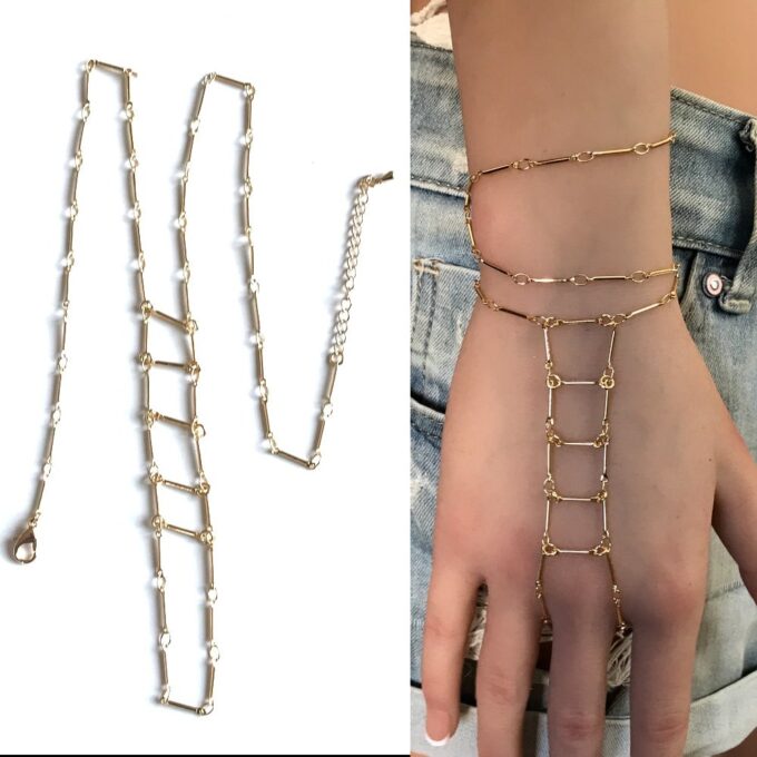 N7645a Bijou de main oriental chaine plaqué or 3 tours - Bijoux de main en ligne Ninanina