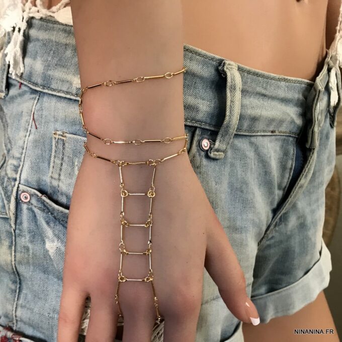 N7645b Bijou de main oriental chaine plaqué or 3 tours - Bijoux de main en ligne Ninanina