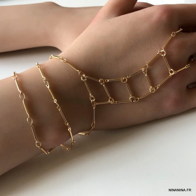 N7645g Bijou de main oriental chaine plaqué or 3 tours - Bijoux de main en ligne Ninanina