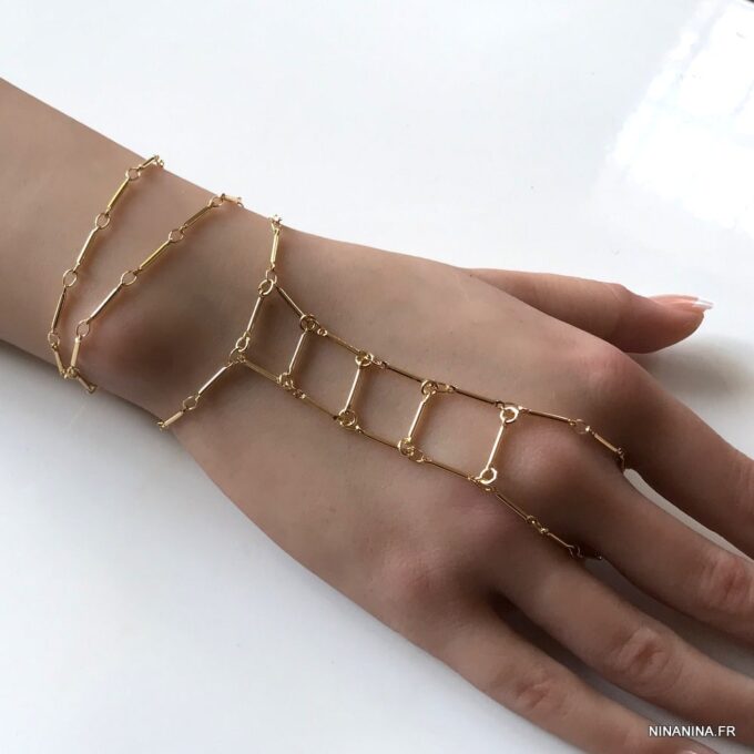 N7645k Bijou de main oriental chaine plaqué or 3 tours - Bijoux de main en ligne Ninanina