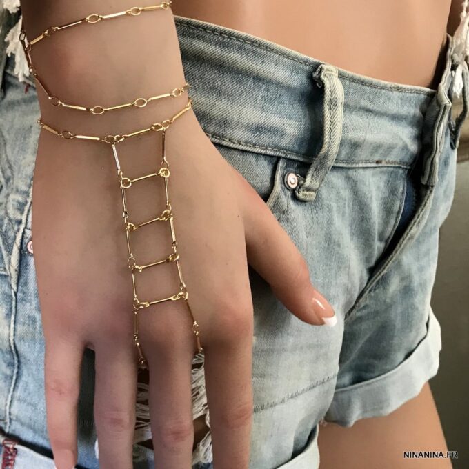 N7645l Bijou de main oriental chaine plaqué or 3 tours - Bijoux de main en ligne Ninanina