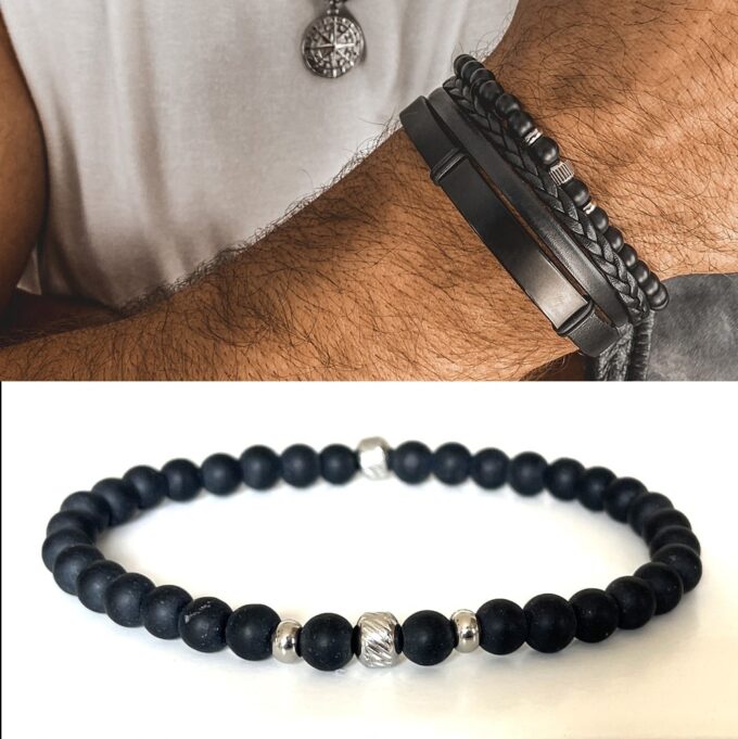 N7646e Bracelet en Onyx noir et Acier Inoxydable homme - Bijoux Bracelets en ligne Ninanina