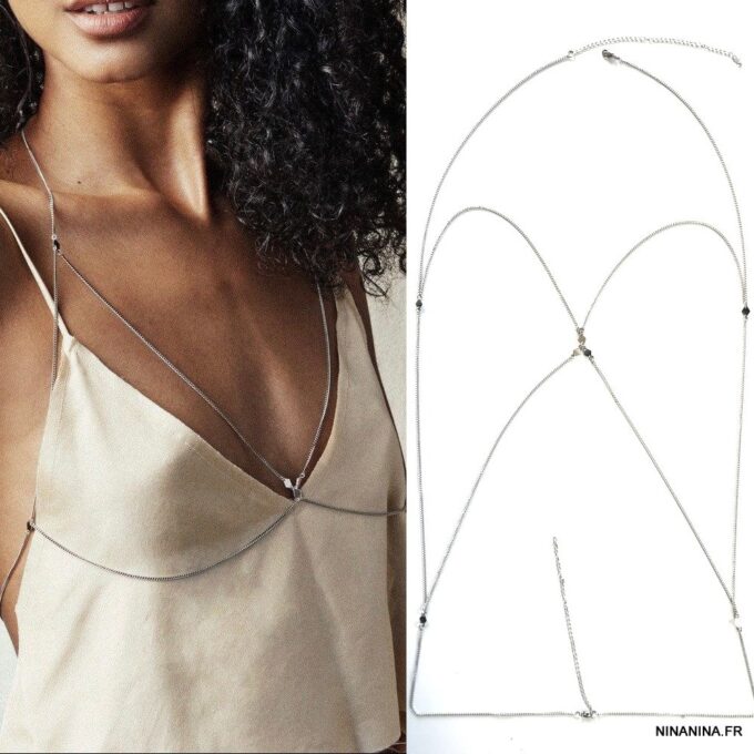 N7558b Chaine de corps soutien gorge losange acier inoxydable - Bijoux de corps en ligne Ninanina
