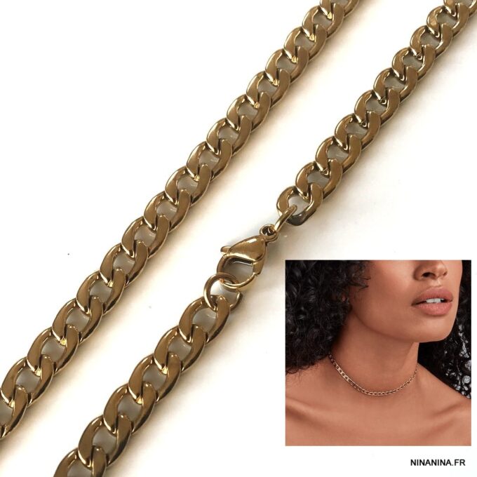 N7643b Collier ras de cou gros maillon acier inoxydable doré - Bijoux Colliers en ligne Ninanina