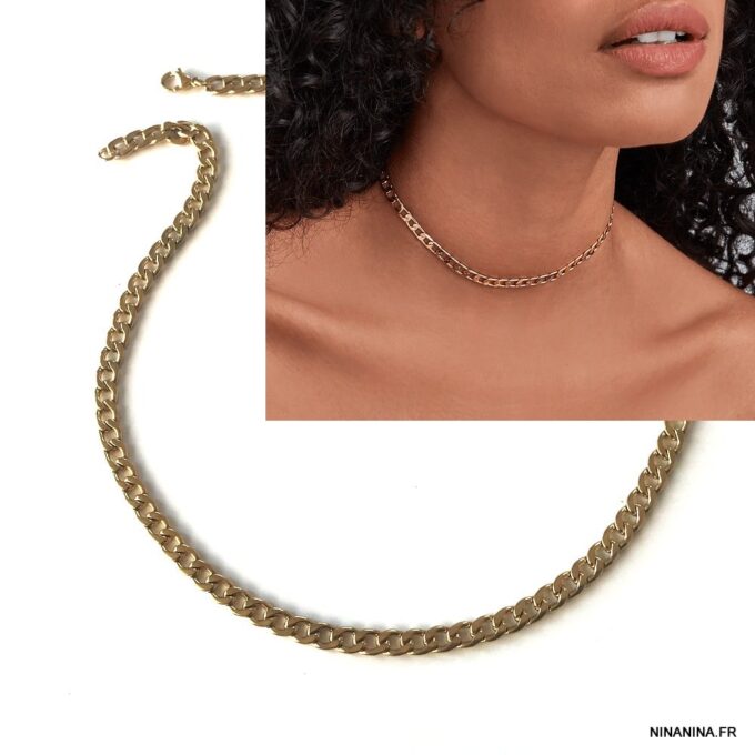 N7643d Collier ras de cou gros maillon acier inoxydable doré - Bijoux Colliers en ligne Ninanina