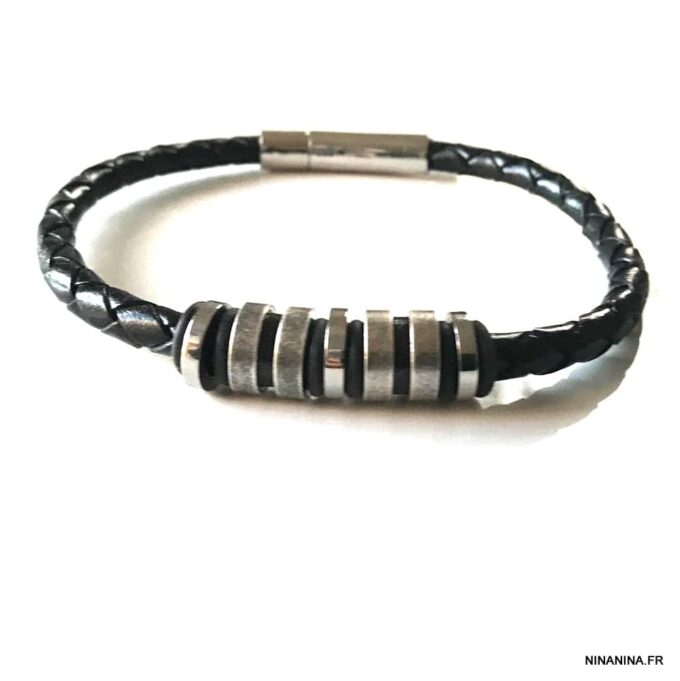 N7657d Bracelet cuir homme artisanal noir tressé et acier inoxydable - Bijoux Bracelets en ligne Ninanina