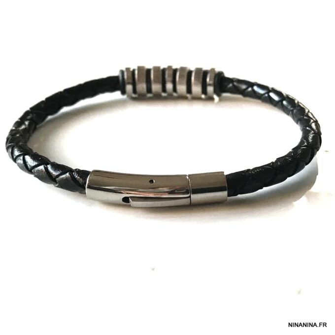 N7657e Bracelet cuir homme artisanal noir tressé et acier inoxydable - Bijoux Bracelets en ligne Ninanina