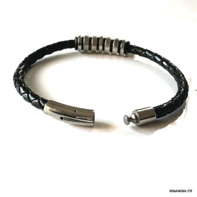 N7657f Bracelet cuir homme artisanal noir tressé et acier inoxydable - Bijoux Bracelets en ligne Ninanina