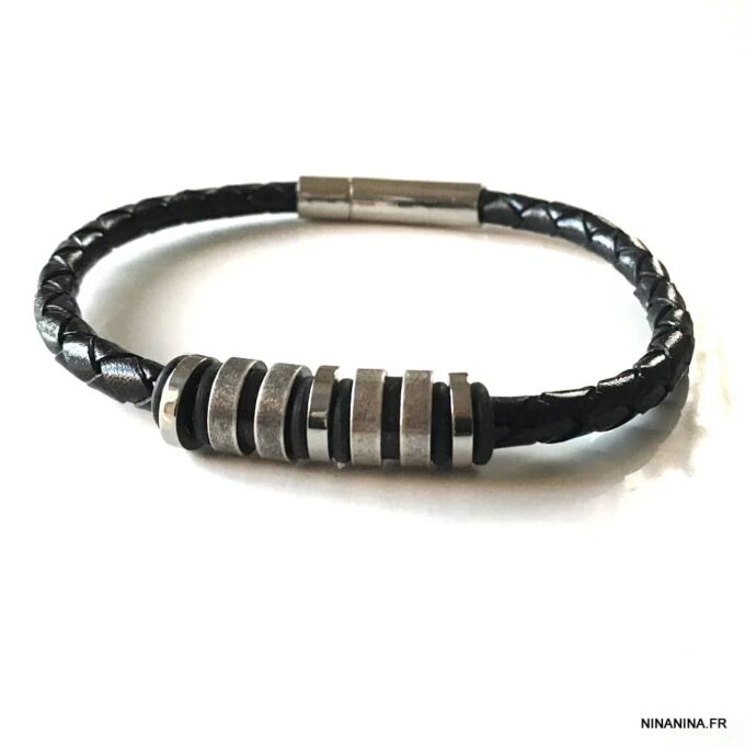 N7657g Bracelet cuir homme artisanal noir tressé et acier inoxydable - Bijoux Bracelets en ligne Ninanina