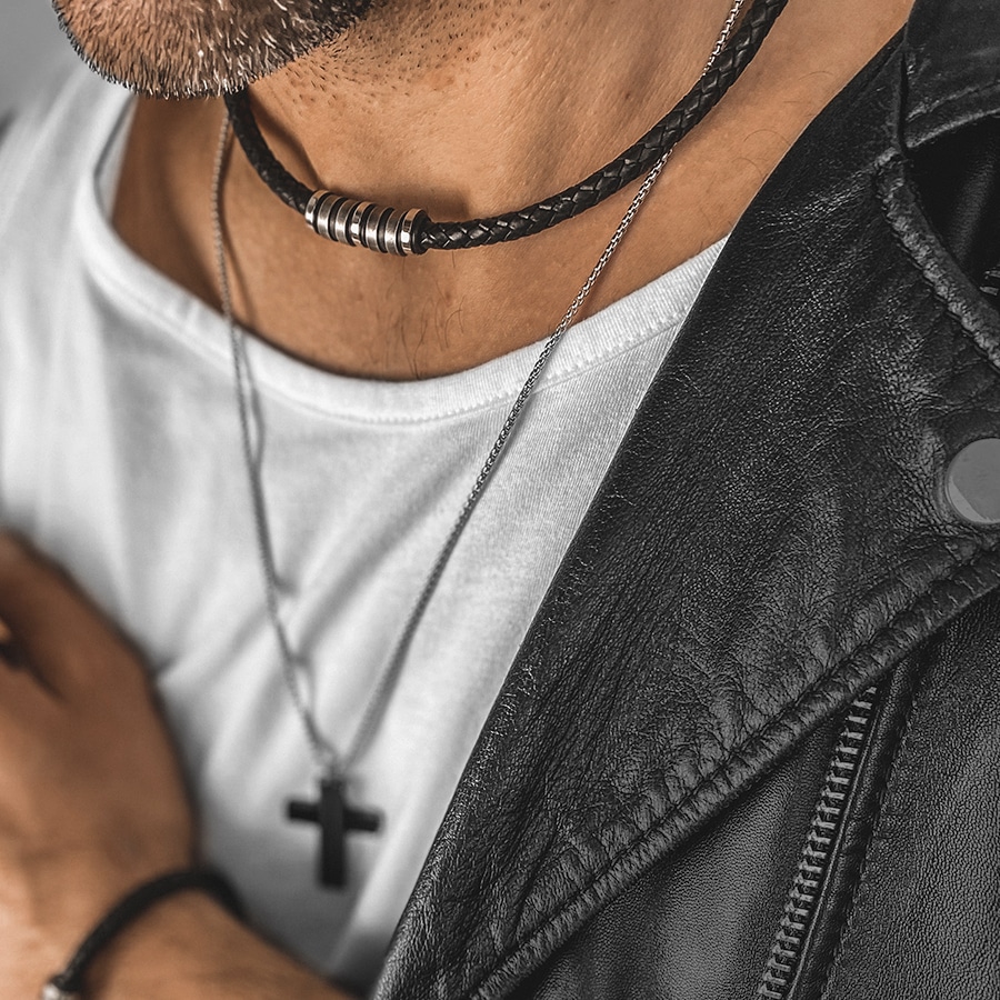 Collier cuir tressé homme artisanal et Acier inoxydable - Ninanina