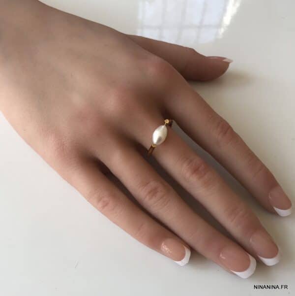 Bague perle d'eau douce blanche plaqué or femme - Ninanina