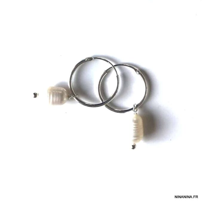 N7686d Creoles perles blanches d'eau douce et Argent 925 - Bijoux Boucles d'oreilles en ligne Ninanina