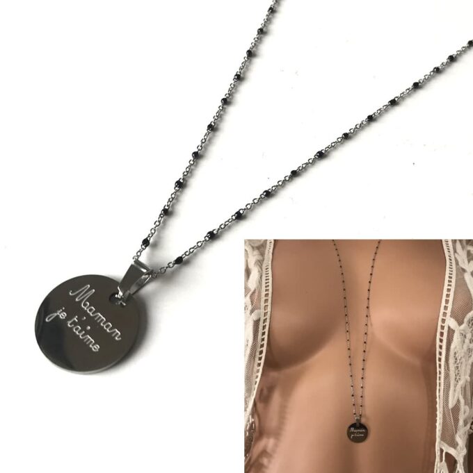 N7689a Collier Maman Je t'aime Chaine Perlée Acier Inoxydable - Bijoux Colliers en ligne Ninanina
