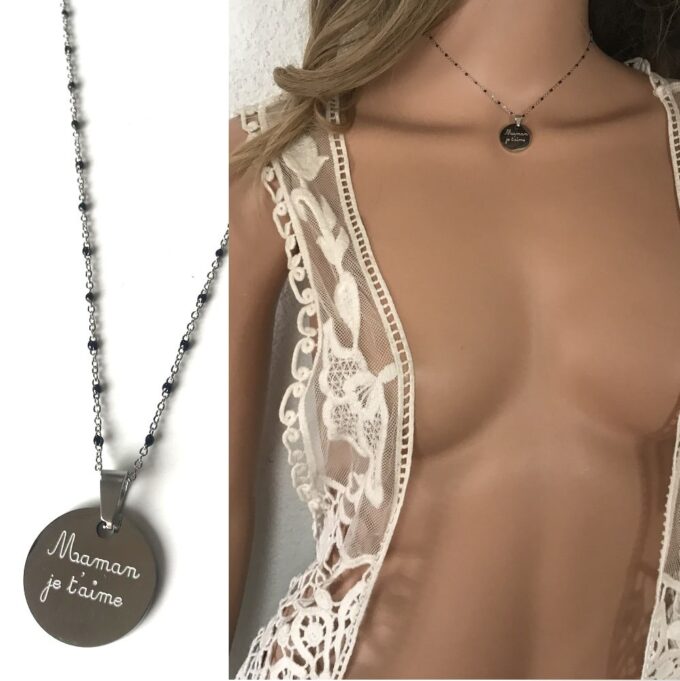 N7690b Collier je t'aime Maman Petites Perles Acier Inoxydable - Bijoux Colliers en ligne Ninanina