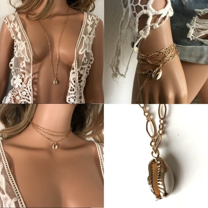 N7696 Sautoir coquillage cauri doré plaqué Or 80 cm - Bijoux Colliers en ligne Ninanina