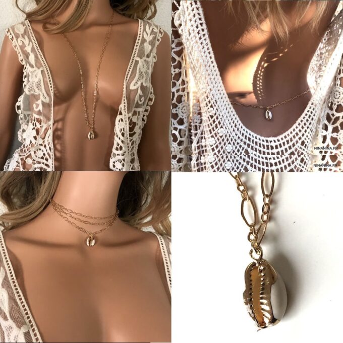 N7696g Sautoir coquillage cauri doré plaqué Or 80 cm - Bijoux Colliers en ligne Ninanina