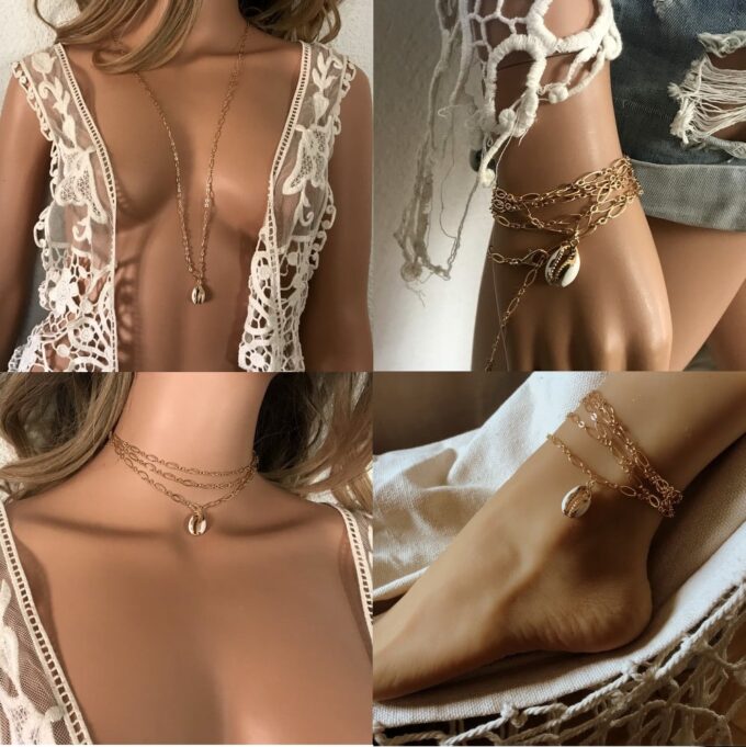 N7696i Sautoir coquillage cauri doré plaqué Or 80 cm - Bijoux Colliers en ligne Ninanina