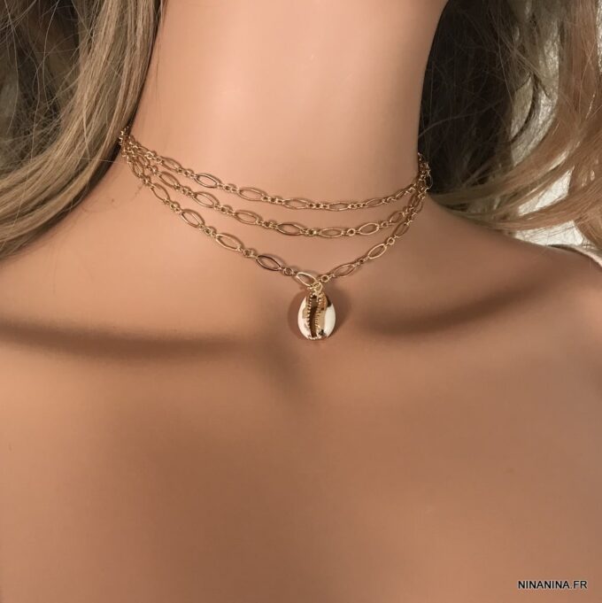 N7696j Sautoir coquillage cauri doré plaqué Or 80 cm - Bijoux Colliers en ligne Ninanina