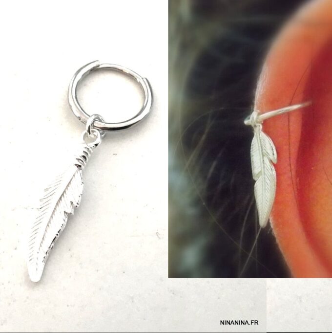 N7617d Boucle d'Oreille Cartilage Femme Plume Argent 925 - Bijoux Boucles d'oreilles en ligne Ninanina